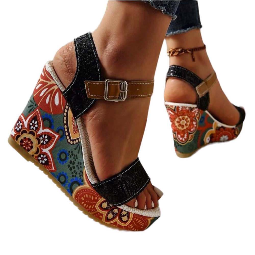 Black Wedge Heel Thick Sole Sandals - Picture 3 of 4